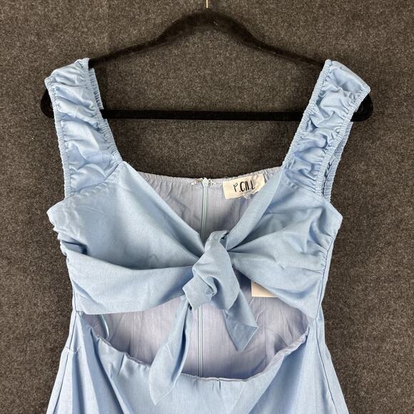 P Cill Linen Blend Mini Dress Womens Medium Blue Tie Front Ruffle Cut Out NEW - Picture 2 of 14